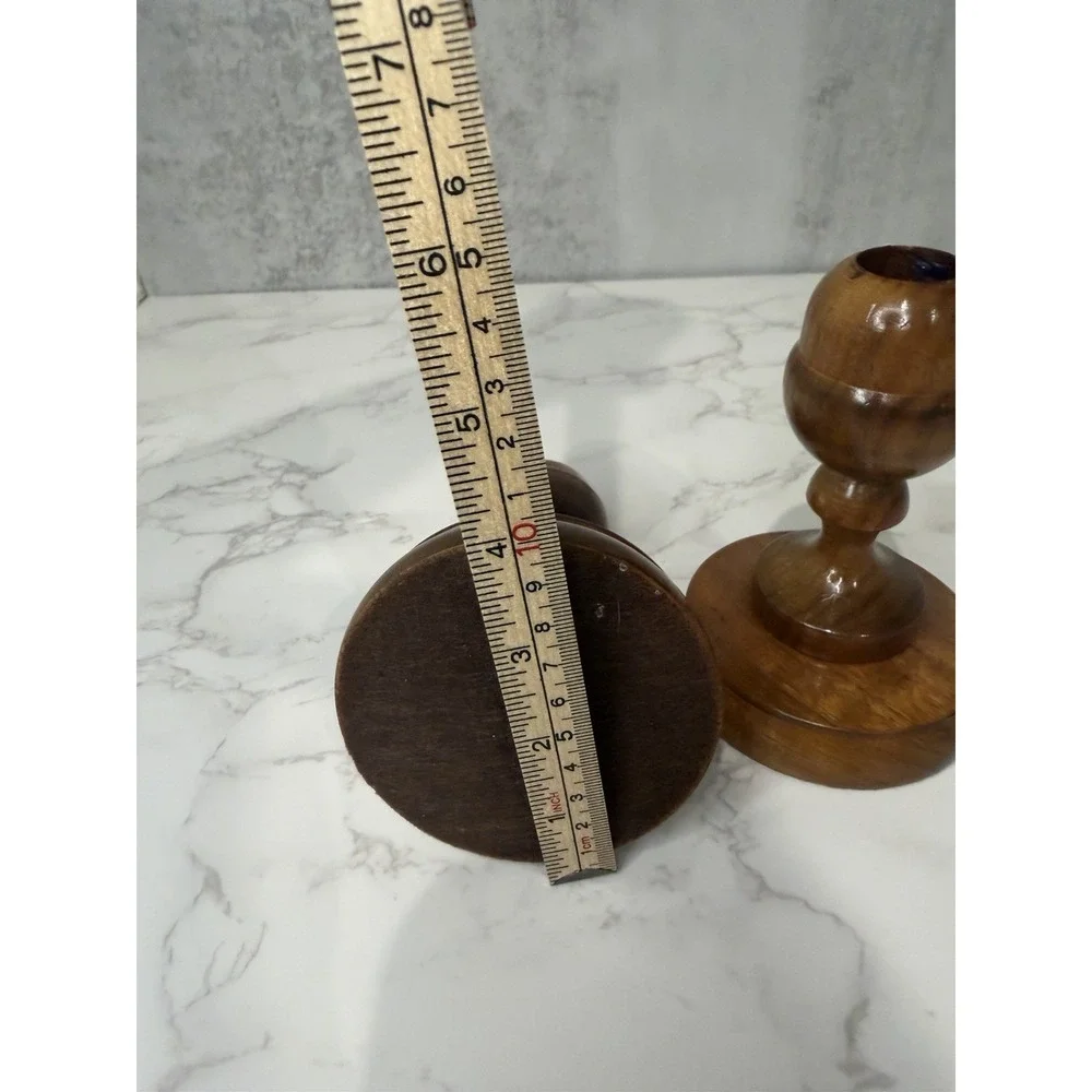 Vintage Pair Hand Turned Solid Wood Taper Candle Holders Rustic Farmhouse 4.5